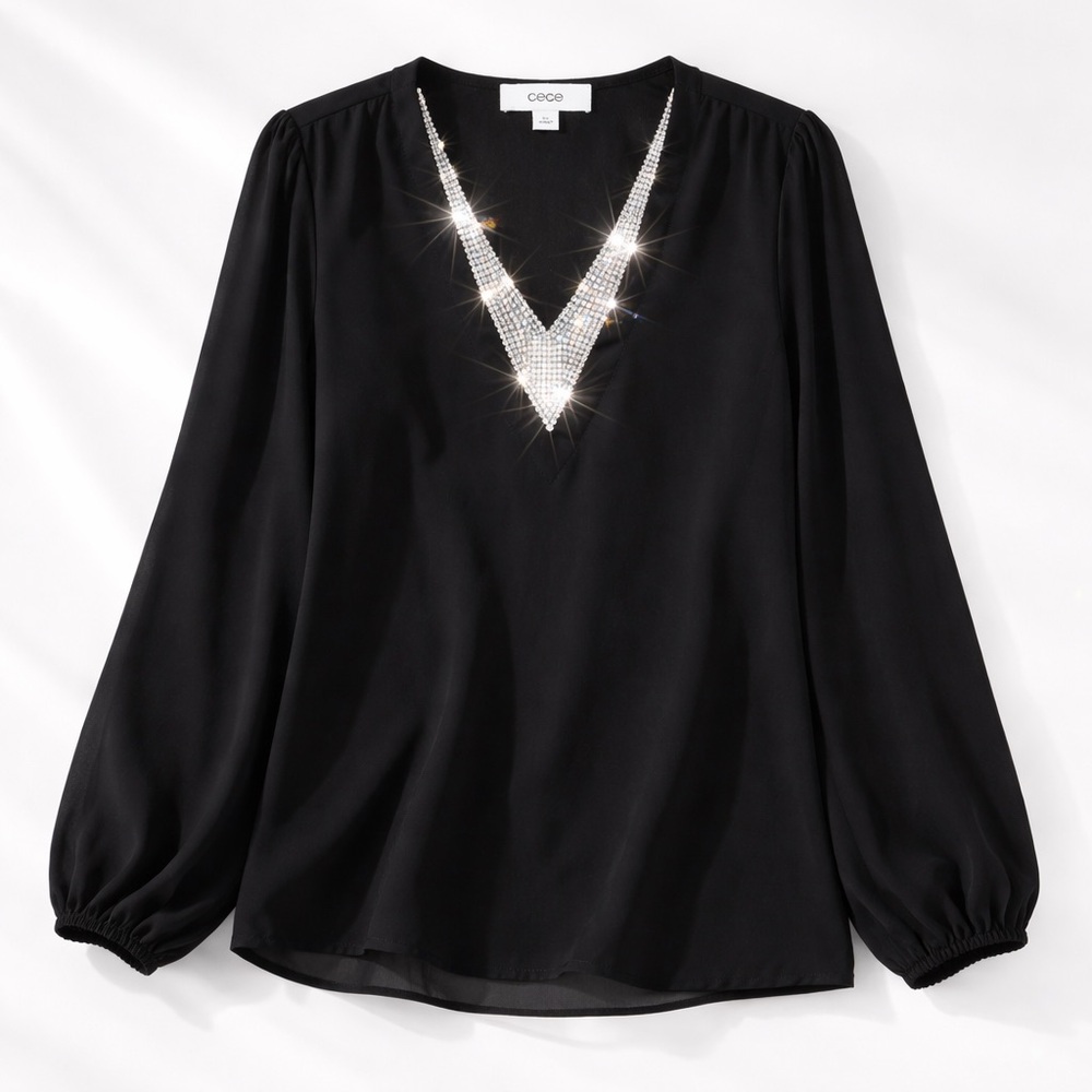 CeCe Rhinestone V Neck Blouse Large Black Sheer Sparkly Evening Top Dressy